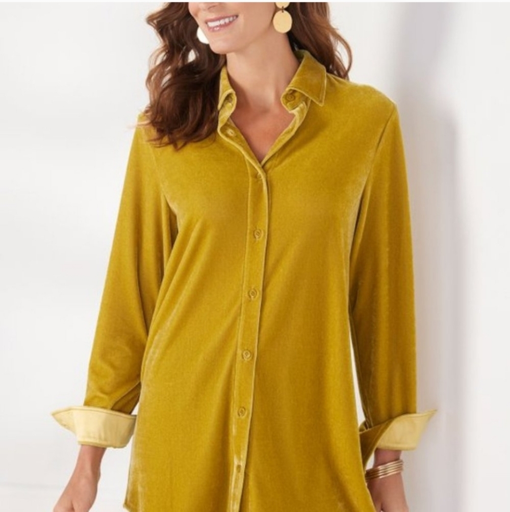 Soft Surroundings Velvet Boyfriend Shimmer Tunic Button-Up Top Mustard